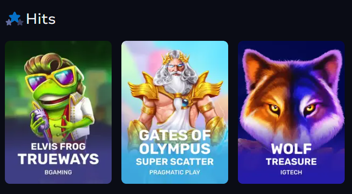 7Bit Casino hit games lobby with Elvis Frog, Gates of Olympus and Wolf Treasure