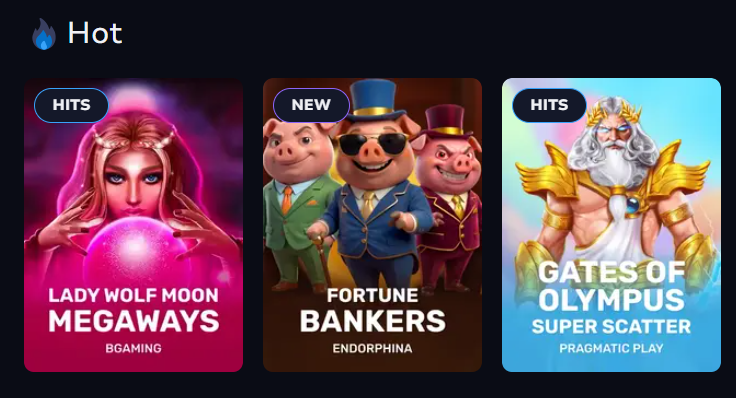 7Bit Casino hot slots lobby with Lady Wolf Moon Megaways, Fortune Bankers and Gates of Olympus